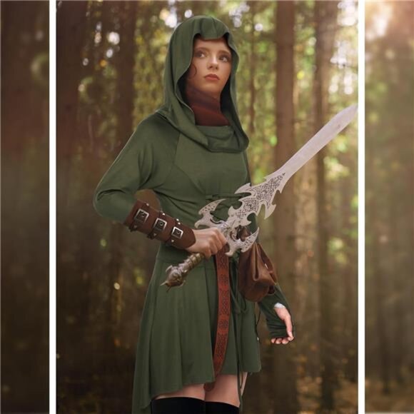 5 PCS Halloween Renaissance Costume for Women - Medieval Hooded Robe - Picture 6 of 7